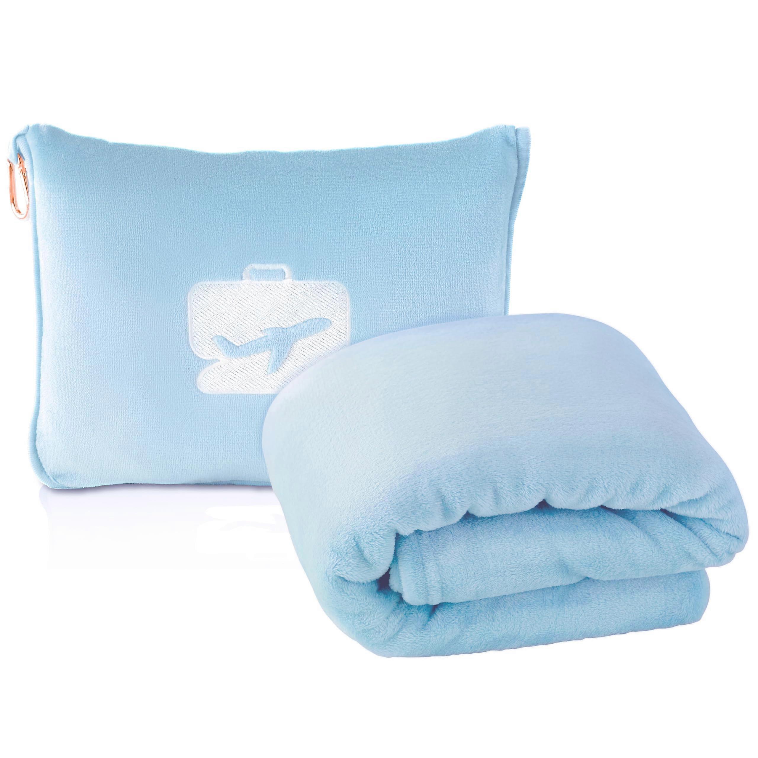 Travel Blanket and Pillow - Premium Soft 2 in 1 Airplane Blanket Soft with Bag Pillowcase, Hand Luggage Sleeve and Backpack Clip (Ice Blue)