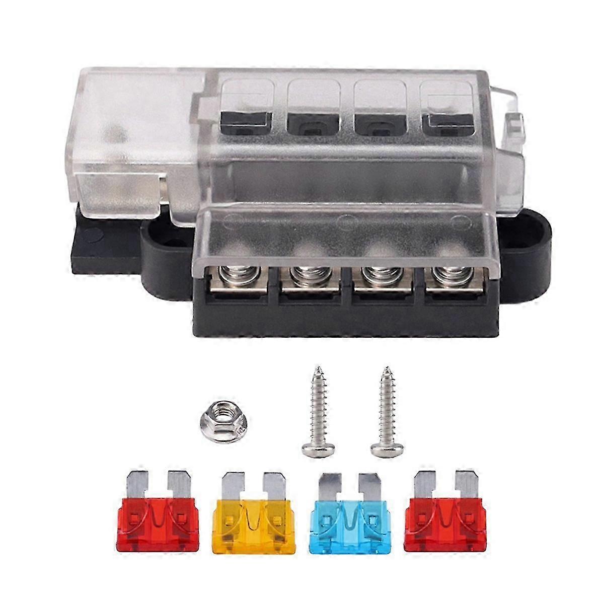 Car Boat Fuse Box Holder with 4 Way Blade Fuse Holder Block & Warning Indicator Power Distribution Panel Board - FFY