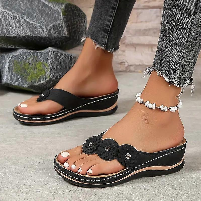 Women's Flowers Flip Flops Solid Color Slip On Summer Slide Shoes Casual Outdoor Beach Slides