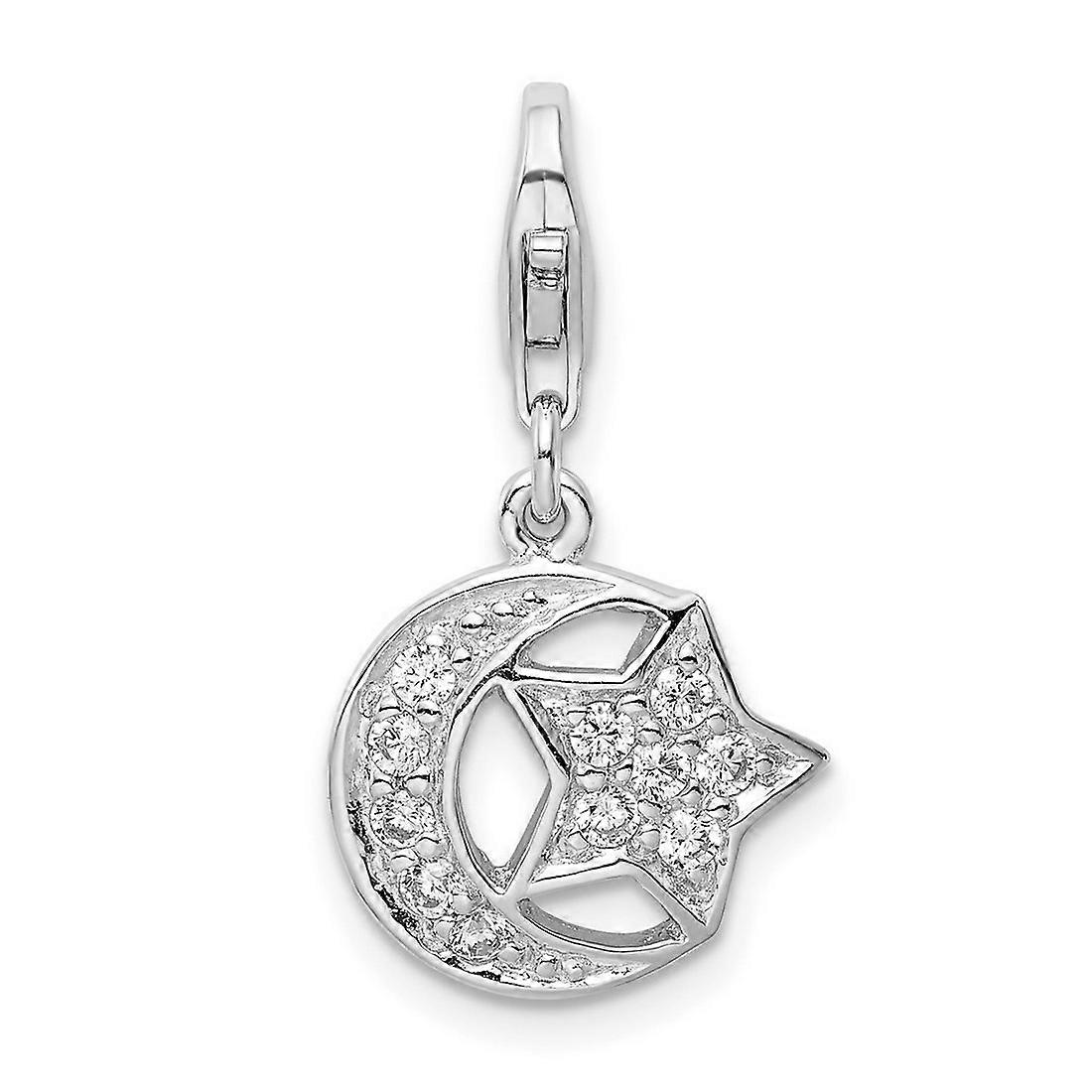925 Sterling Silver Fancy Lobster Closure Rhodium Plat Polished Cubic Zirconia Celestial Moon and Star Charm Pendant Nec