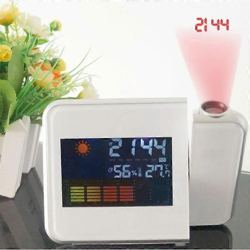 LCD Digital Projector Projection Alarm Clock Weather Station Calendar Snooze-White