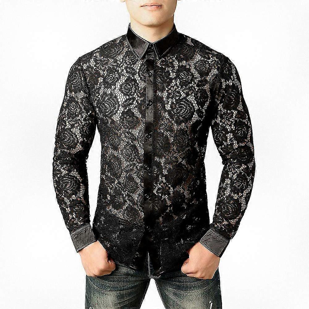 Transparente florale Spitze Langärmelige Button-Down-Bluse für Männer