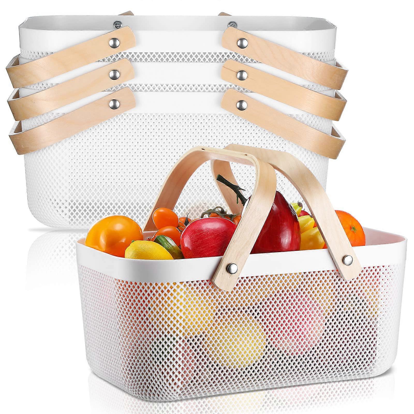 4 Pcs Plastic Mesh Garden Harvest Basket with Wooden Handle for Kitchen Cabinet Picnic