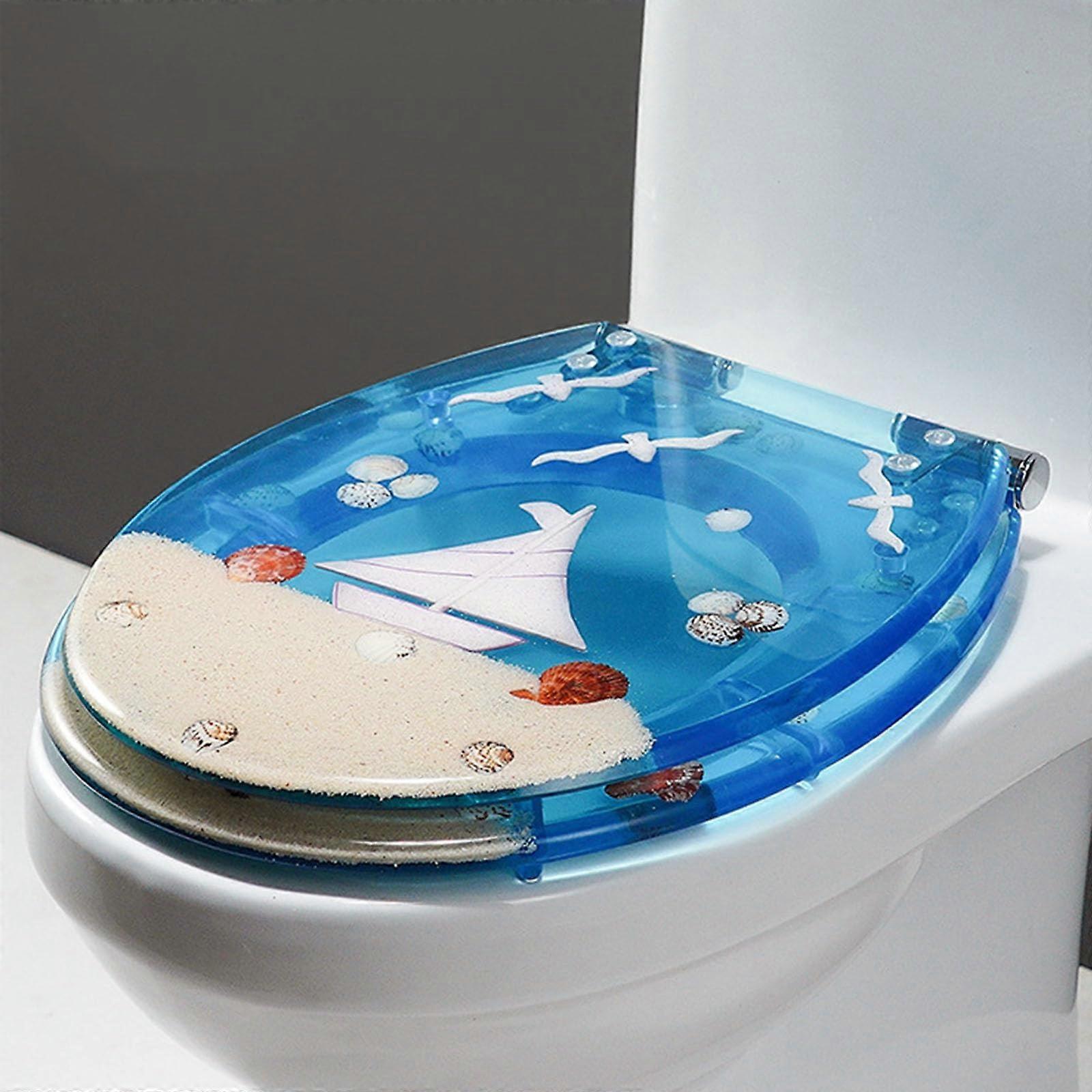 A, Ocean Series Harz WC Seat With Automatic Lowering, OShaped Toilet Lid, Real Shells And Sand, 3D Effects Toilet Seat