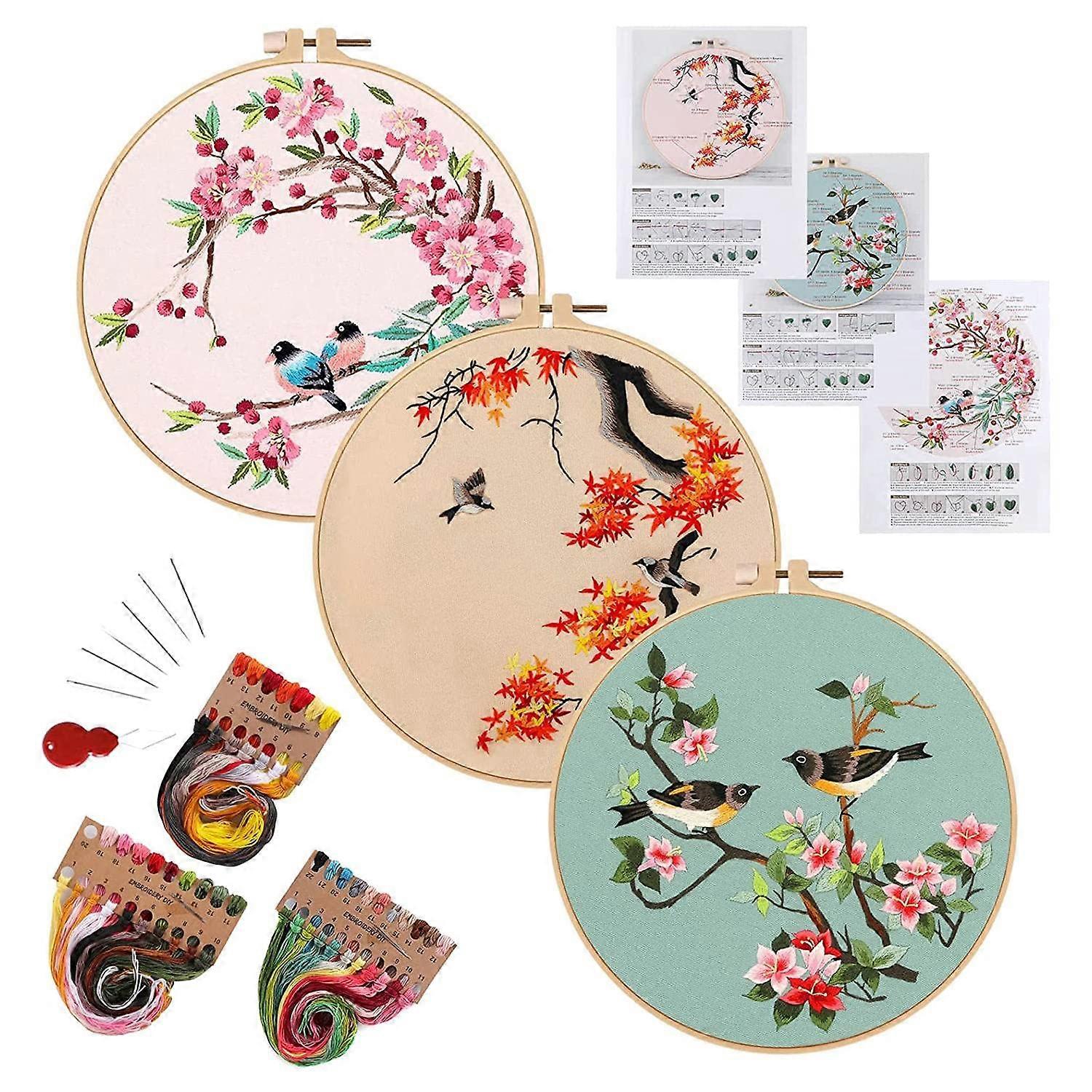 3-Pack Beginner Embroidery Kit, Adult Cross Stitch Sets, Includes 3 Bird Pattern Embroidery Fabrics