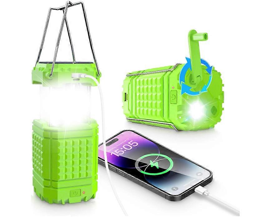 Solar Camping Lantern 5000mAh Capicity Rechargeable Camping Lights with Hand Crank LED Flashlight Telescopic Portable(Green)