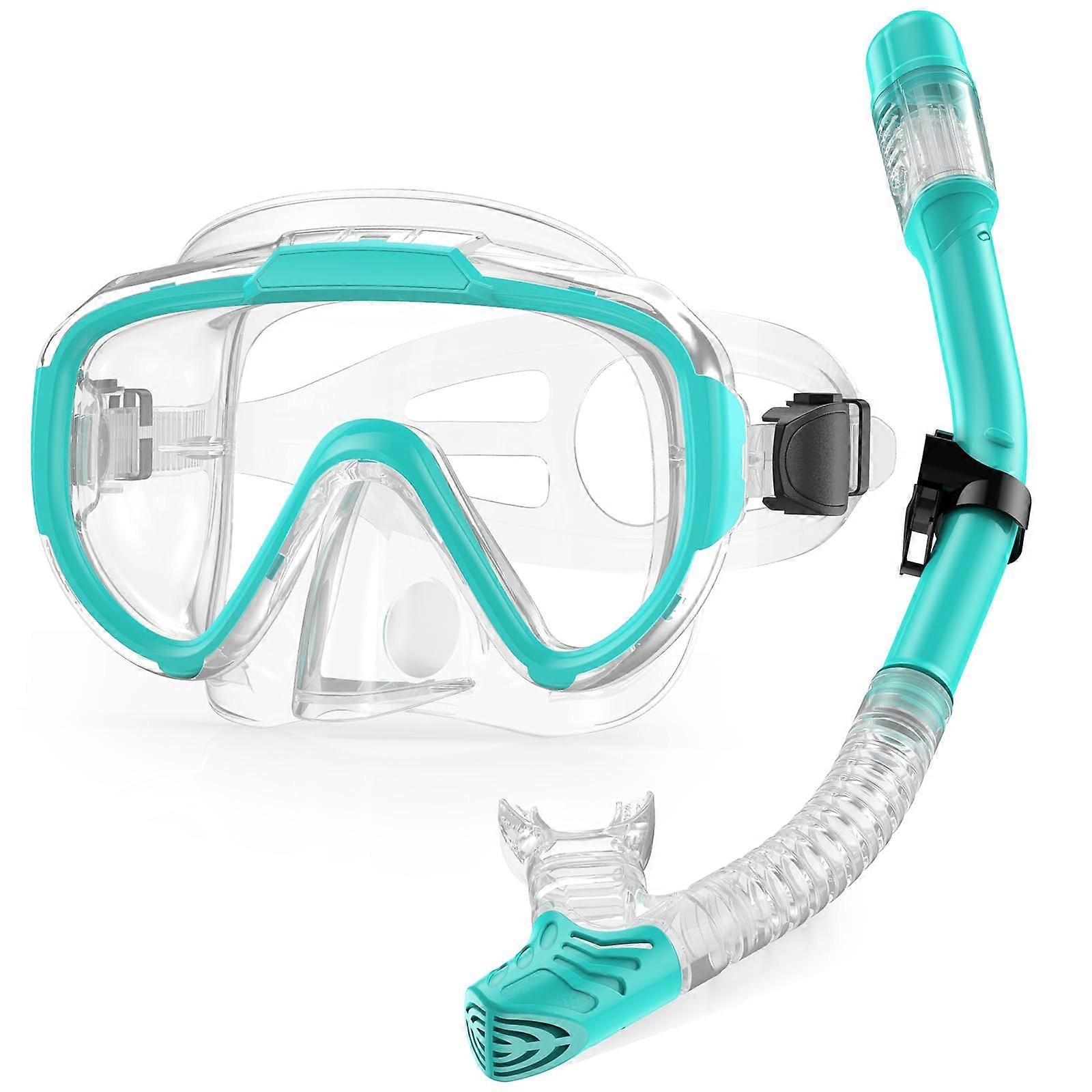 Schnorchel set adults, diving goggles snorkel set with panoramic wide view diving mask, antileak T Green