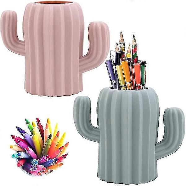2 Stück Kugelschreiber Bleistift Topflappen, Schreibwarenbehälter, Kaktusform Stifthalter (Rosa, Grün)