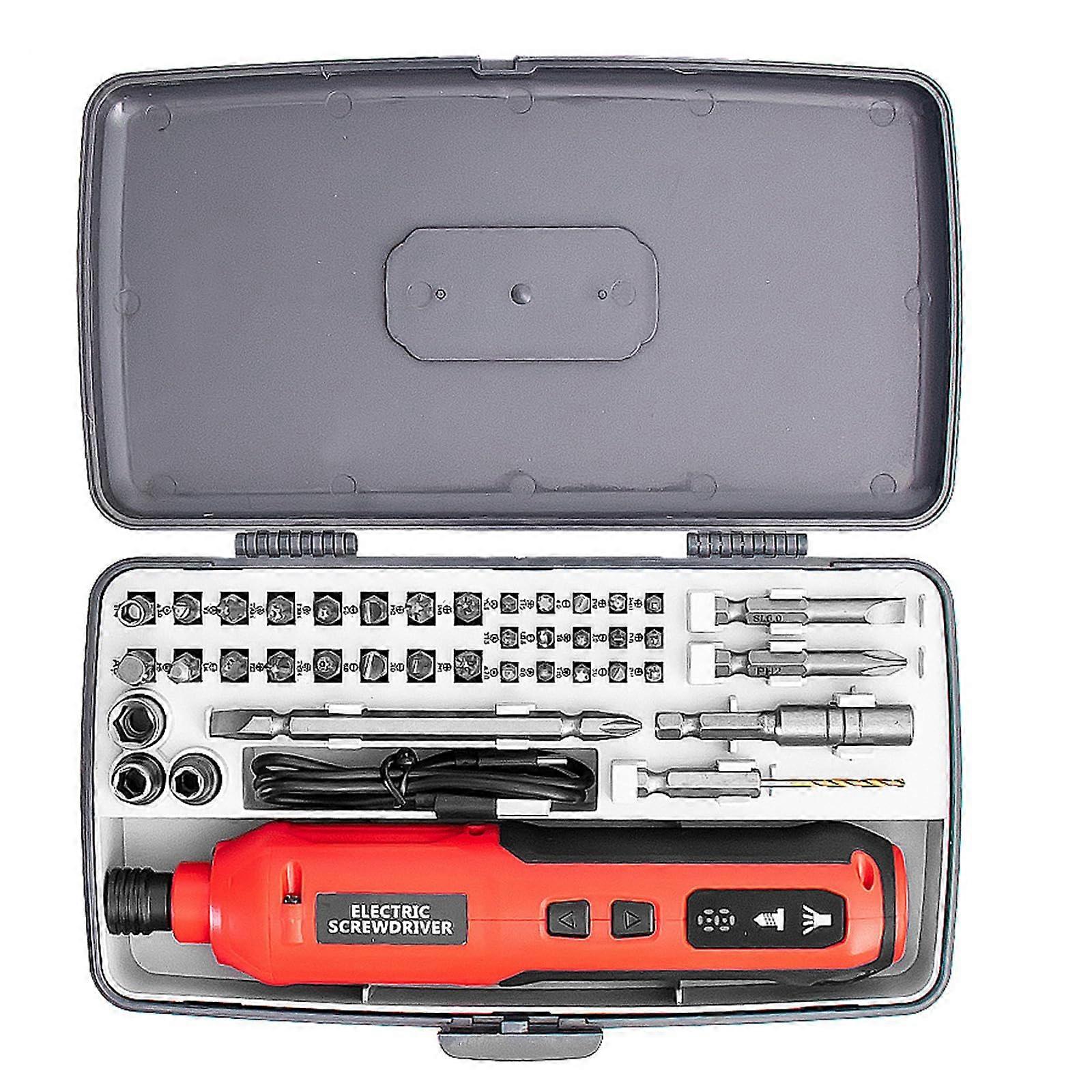 Adjustable rotating electric screwdriver with interchangeable bits, rechargeable via USB