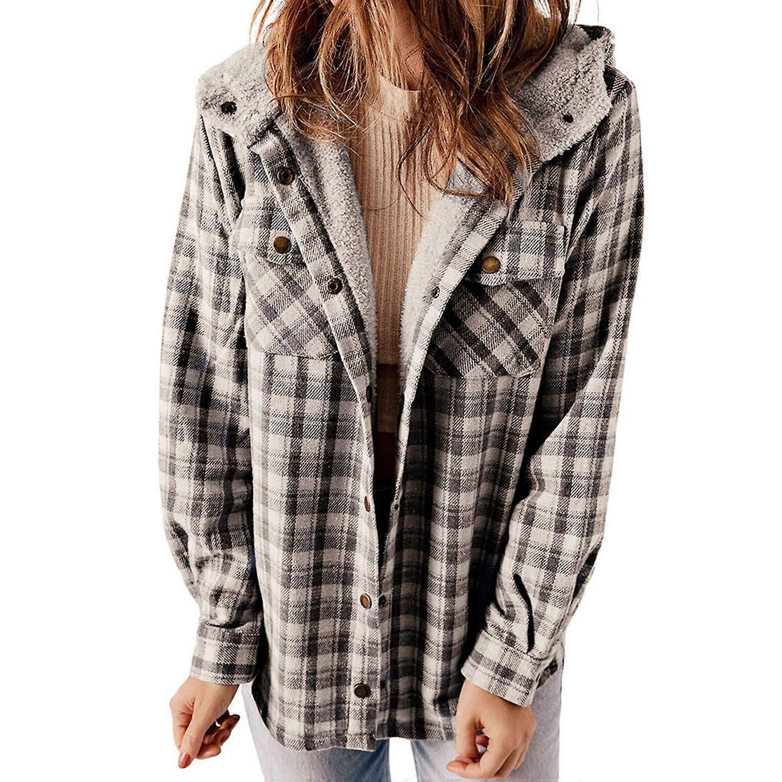Winter Coat Women's Flannel Duffle Jacket Warm Casual Checked Wool Coat with Pockets Medium Length Hooded in Gray L