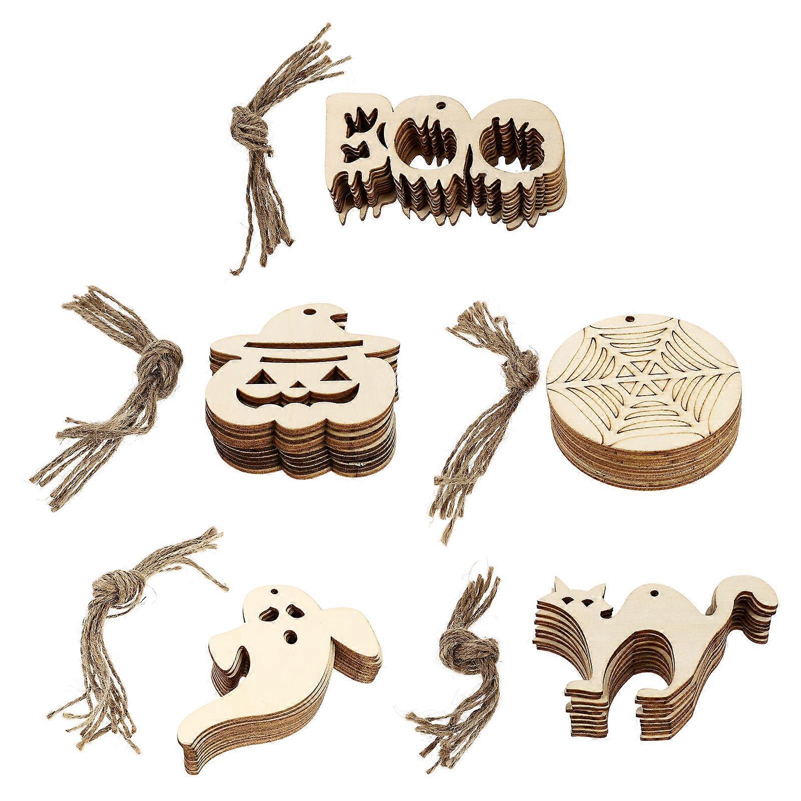 50pcs Unfinished Wooden Cutouts for DIY Jewelry, Smooth Flat Surfaces with Hanging Ropes for Earring Charms, Crafts & Home Decor