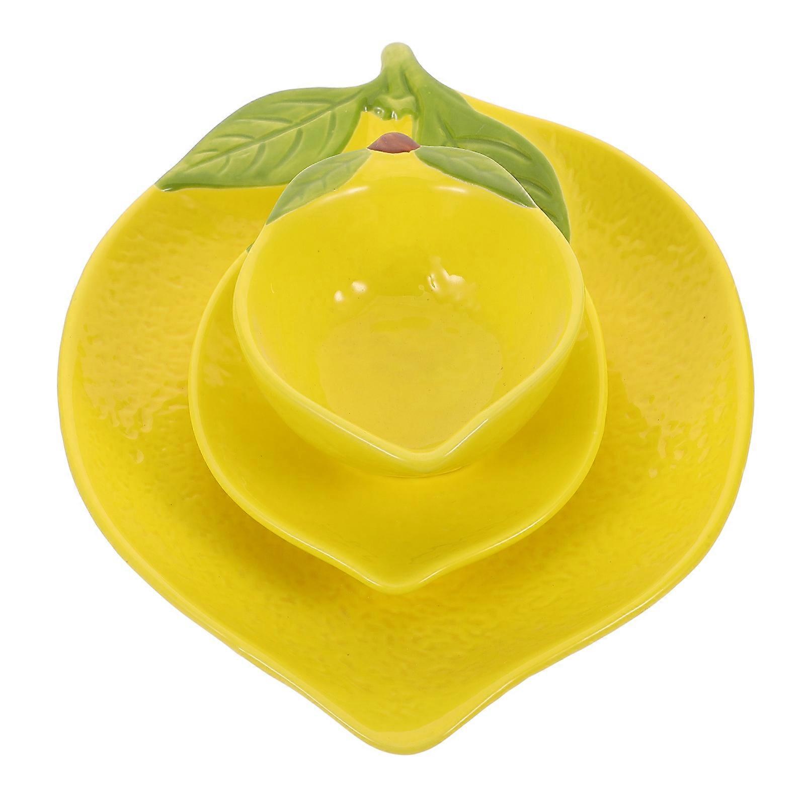 Creative Lemon Shaped Ceramic Dinnerware Set For Home Kitchen And Dining Table 3Pcs Yellow Serving Fruits And Snacks