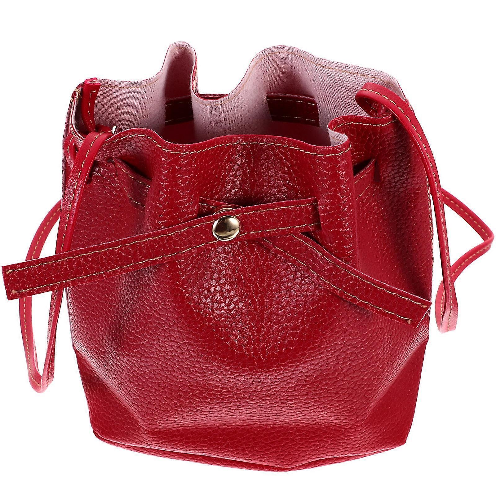 Water Bucket Bag Handbag for Leisure Walking Pu Material Red Color with Drawstring Closure 1Pack
