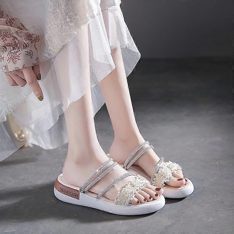 Hot selling casual sandals and slippers two-way wear pearl rhinestone flat bottom 2025