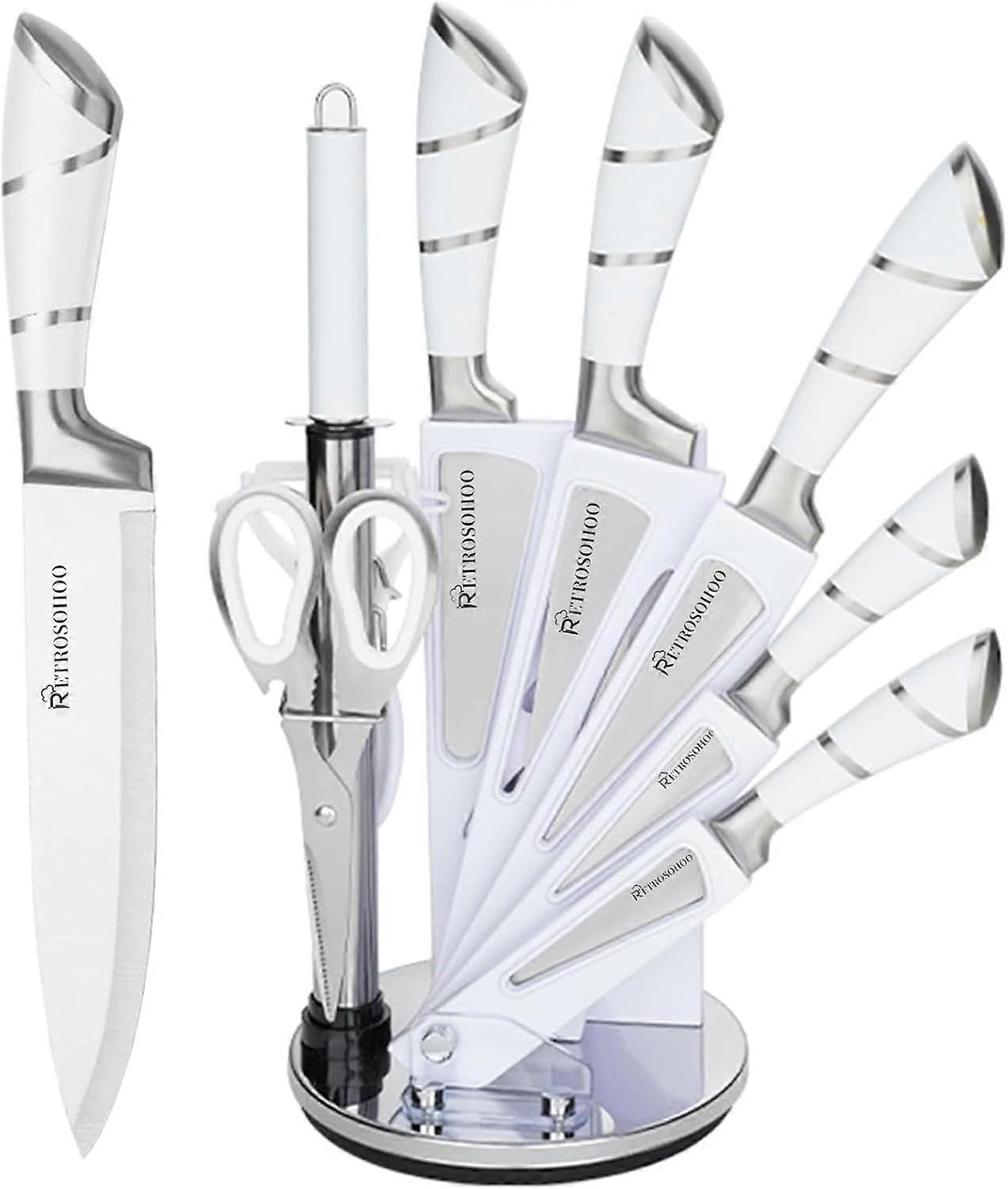 Retrosohoo 9-Pcs Kitchen Knife Set Compatible with Sharp Non-Stick Coated Blades, Stainless Steel Knives with Sharpener for Cutting Slicing Dicing