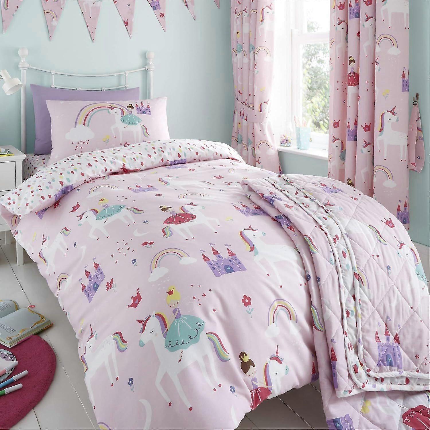 a91 Happy Linen Company Meninas Crianças Unicórnios Princesa Arco-íris Rosa Duplo Reversível Capa de Edredão Conjunto de Cama b91