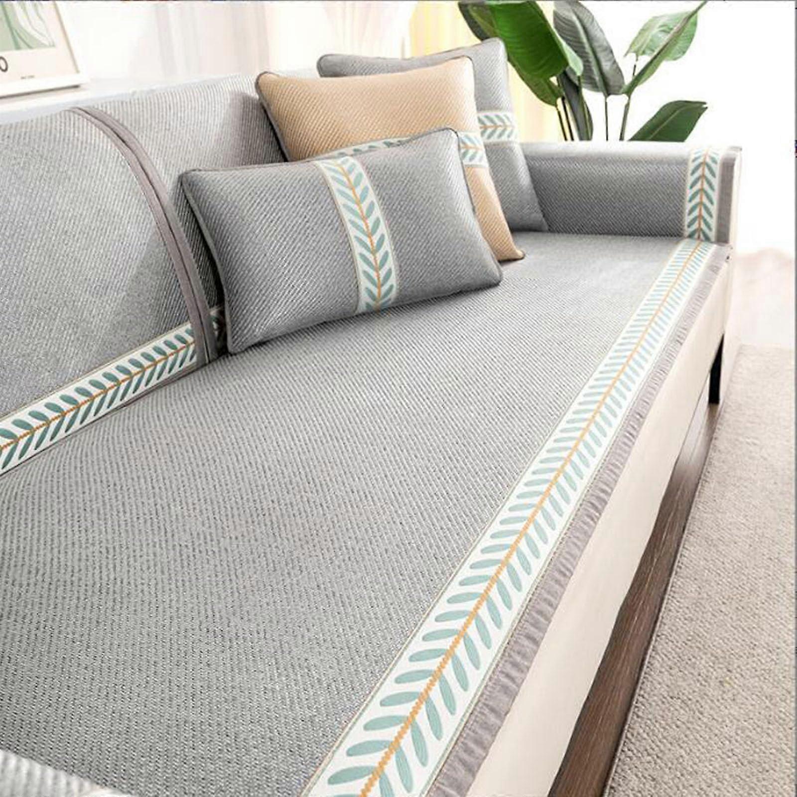 Wormwood Vine Mat Cushion Summer IceSilk AntiSlip Sofa Cover 80X210 Cm Gray Protective Sleeve Wide Back Elastic