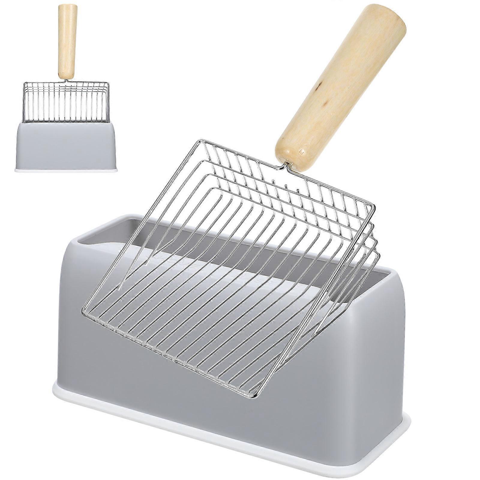 Wooden Handle Metal Cat Litter Scoop for Pet Cleaning 1Set with Holder