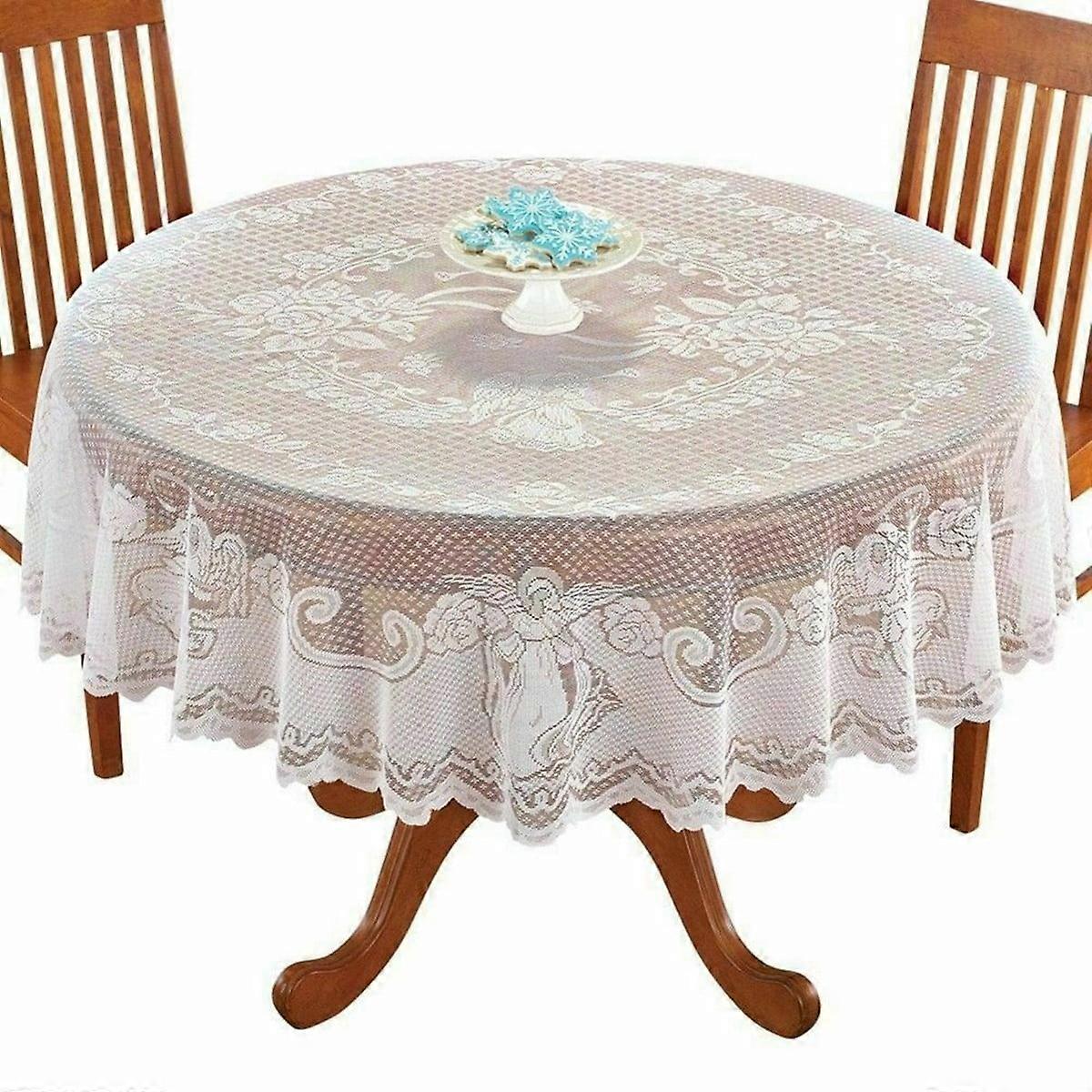 Fancy Round Decorative Lace Tablecloth with Elegant Floral Patterns for Birthday Parties, Weddings, Dining Room Tables White