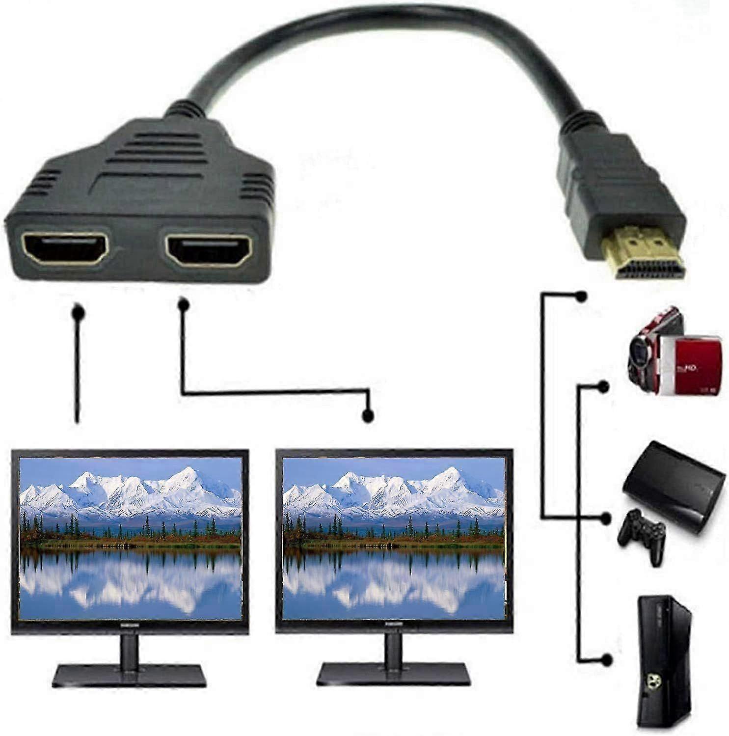 HDMI-jakaja 1 in 2 -lähtökaapeli, 1080p Hdmi uros - kaksois-hdmi-naaras 1-2-suuntainen