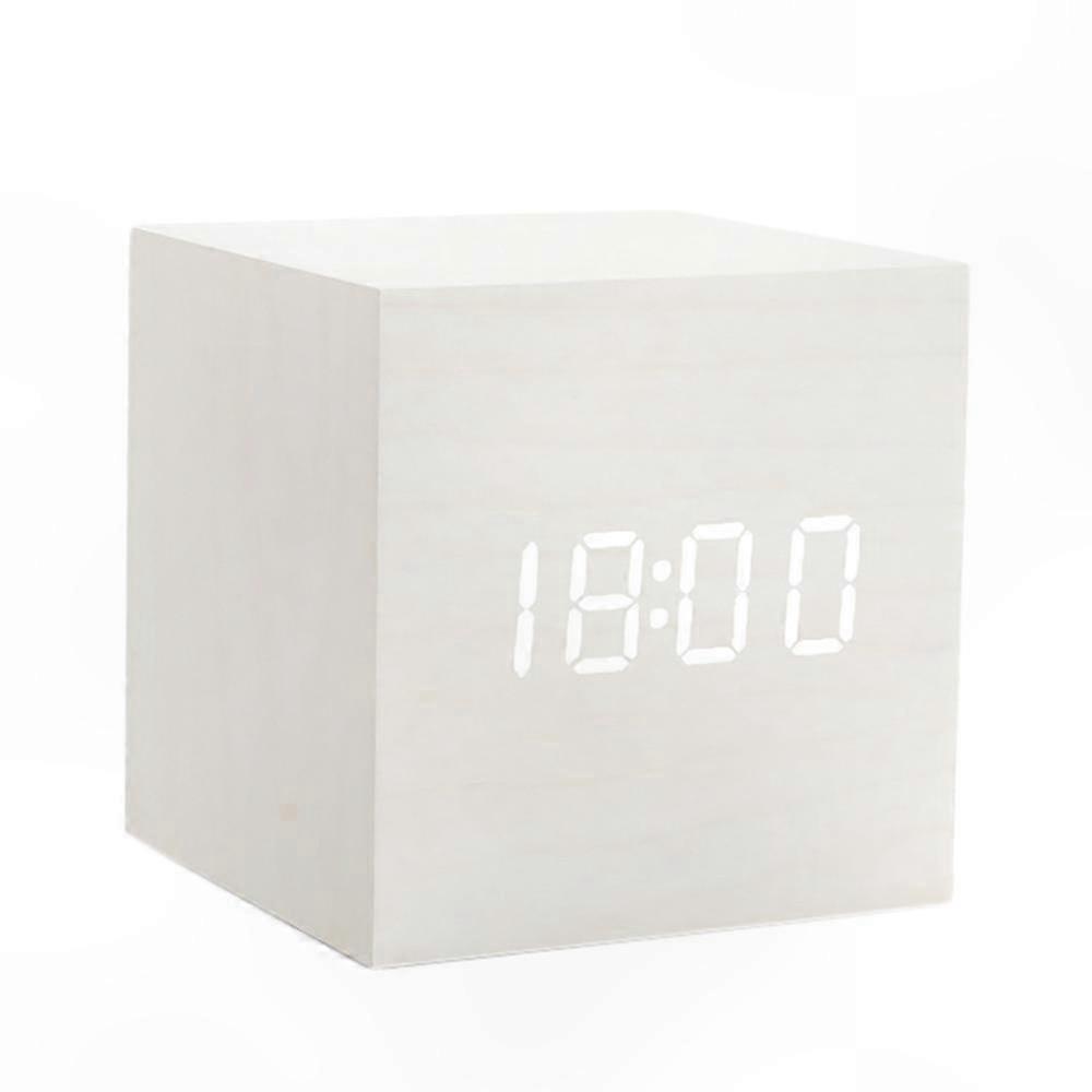 LED Alarm Clock with Temperature Display, USB/AAA Powered, Sound Control, White Table Clock