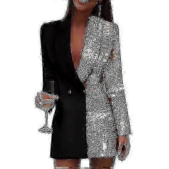 Mode Colorblock Paljetter Långärmad Dubbelknäppt Bodycon Blazer