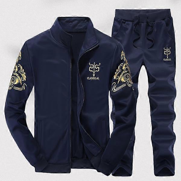 CLASSILAL Men's Printed Casual Sports Set - Black Jacket with Zipper & Pockets Matching Sweatpants Regular Fit for Spring Fall Comfortable L