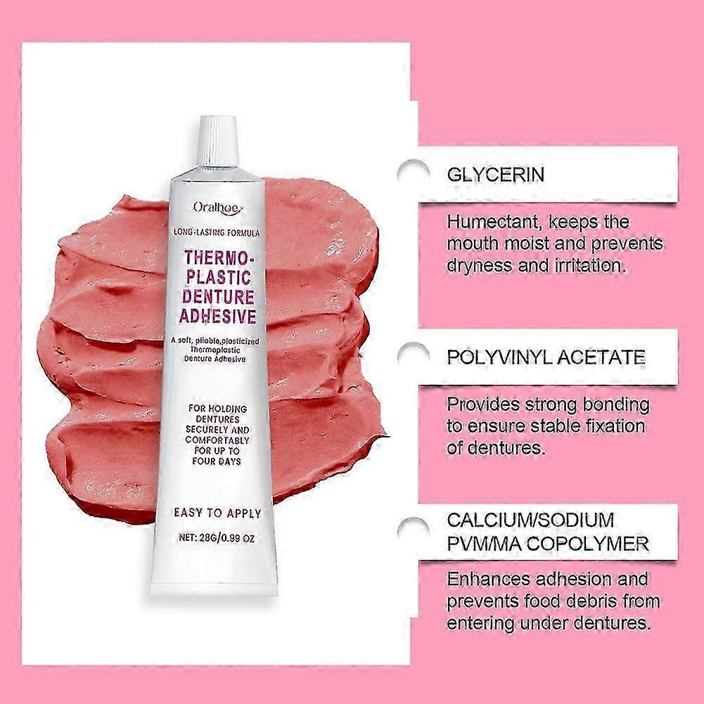 Oralhoe Thermoplastic Denture لاصق خال من الزنك Fomula ثبات قوي للغاية لأطقم الأسنان السائبة ، يحمل ما يصل إلى 4 أيام!