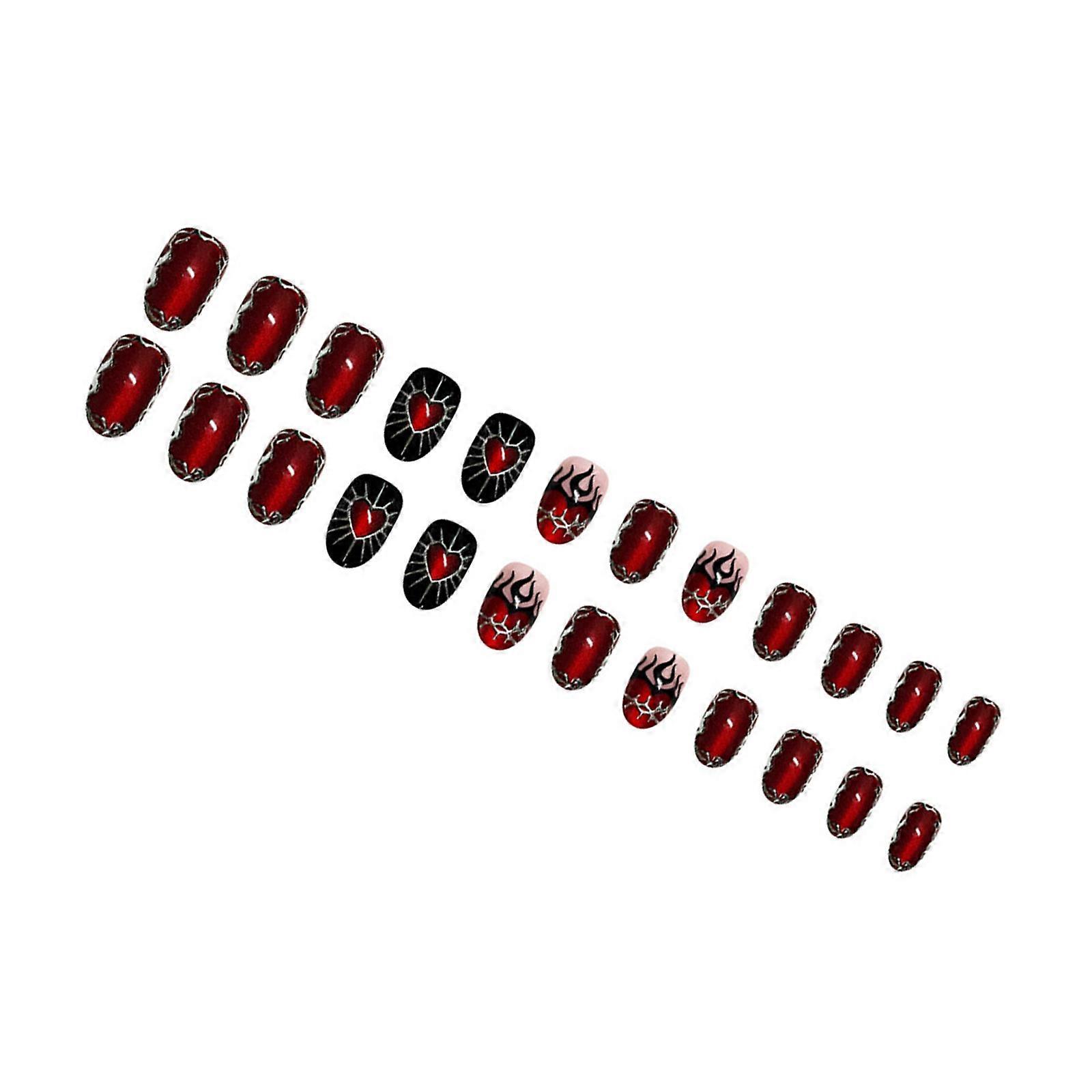 24Piece 3D Cats Eye Flame False Nail With Red Heart Design Valentines Day Gold Foils Accents ABS Material Multiple Sizes Multicolor