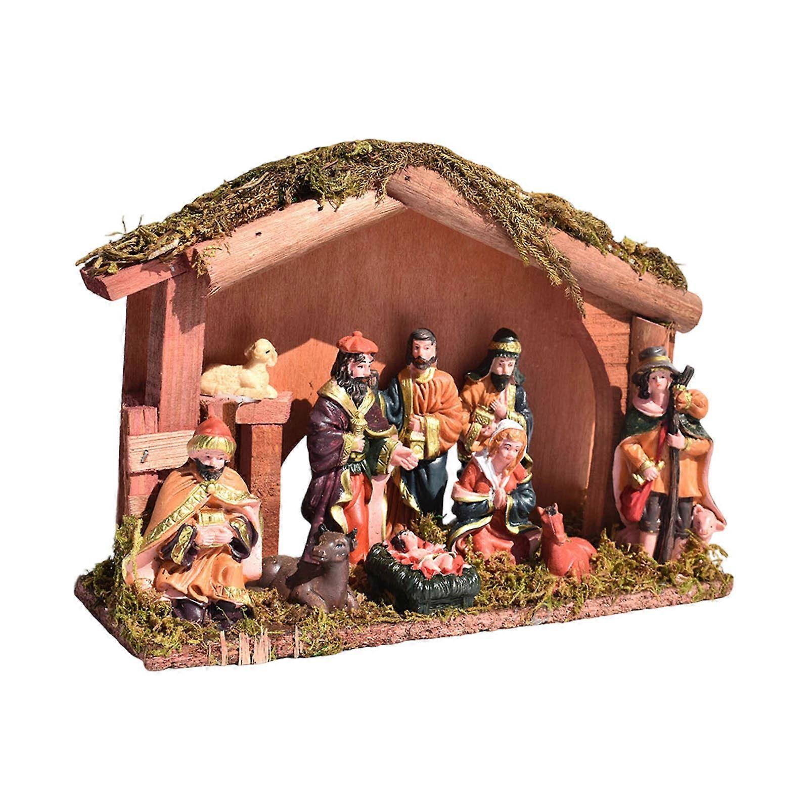 Permanent Religious Birth Manger Display With Oaken Stable And Rosin Figures Multicolor