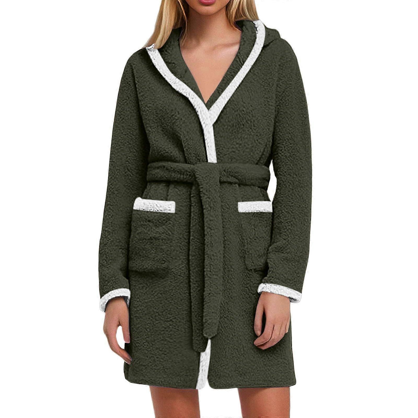Ladies Fuzzy Dressing Gowns Fluffy Fleece Robe With Pocket Printed Wearable Bathrobe Womens Spa Wrap XXL Army Green