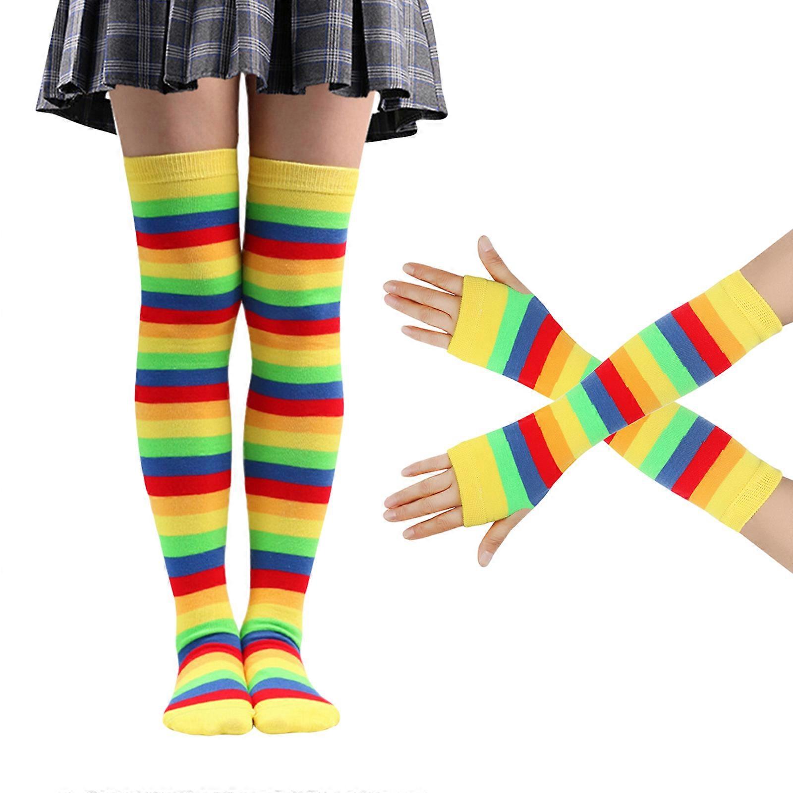 Färgglada Stripe Fingerless Handskar Strumpor Set för Kvinnor Mode Ärmar Julfest Dekorativa Regnbågshandskar Gul