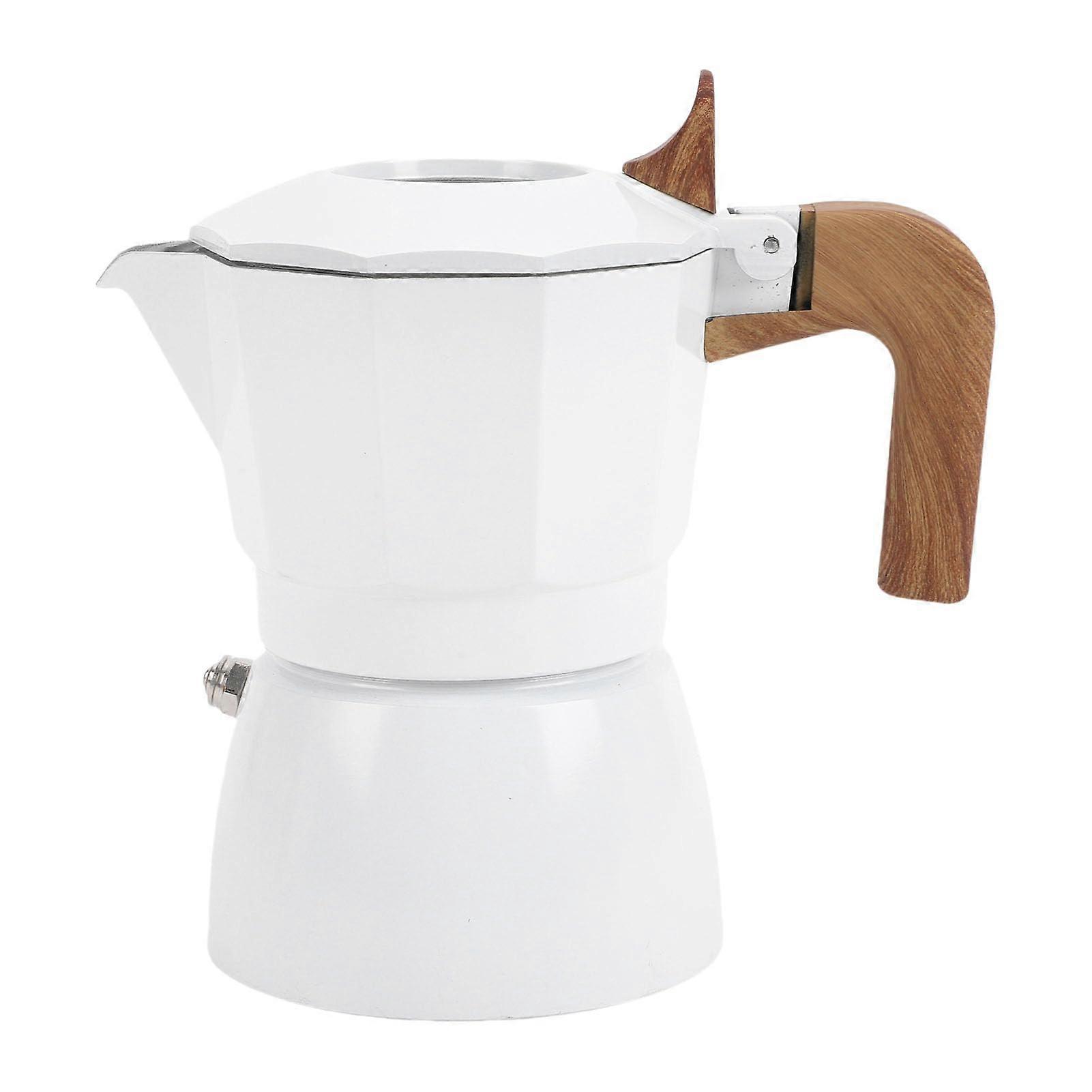 2 Cup Aluminum Stovetop Espresso Maker with Dual Valve Brewing and Vintage Wooden Handle 100ML White