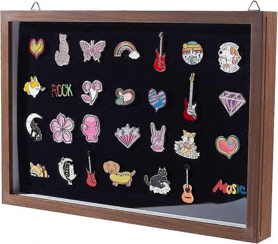 Shadow Box Pin Display Case 13x8.7x1.3 Inch Brown Wood Wall Mounted Badge Presentation Boxes Rectangular Badge Display Case with Sliding Acrylic Sheet