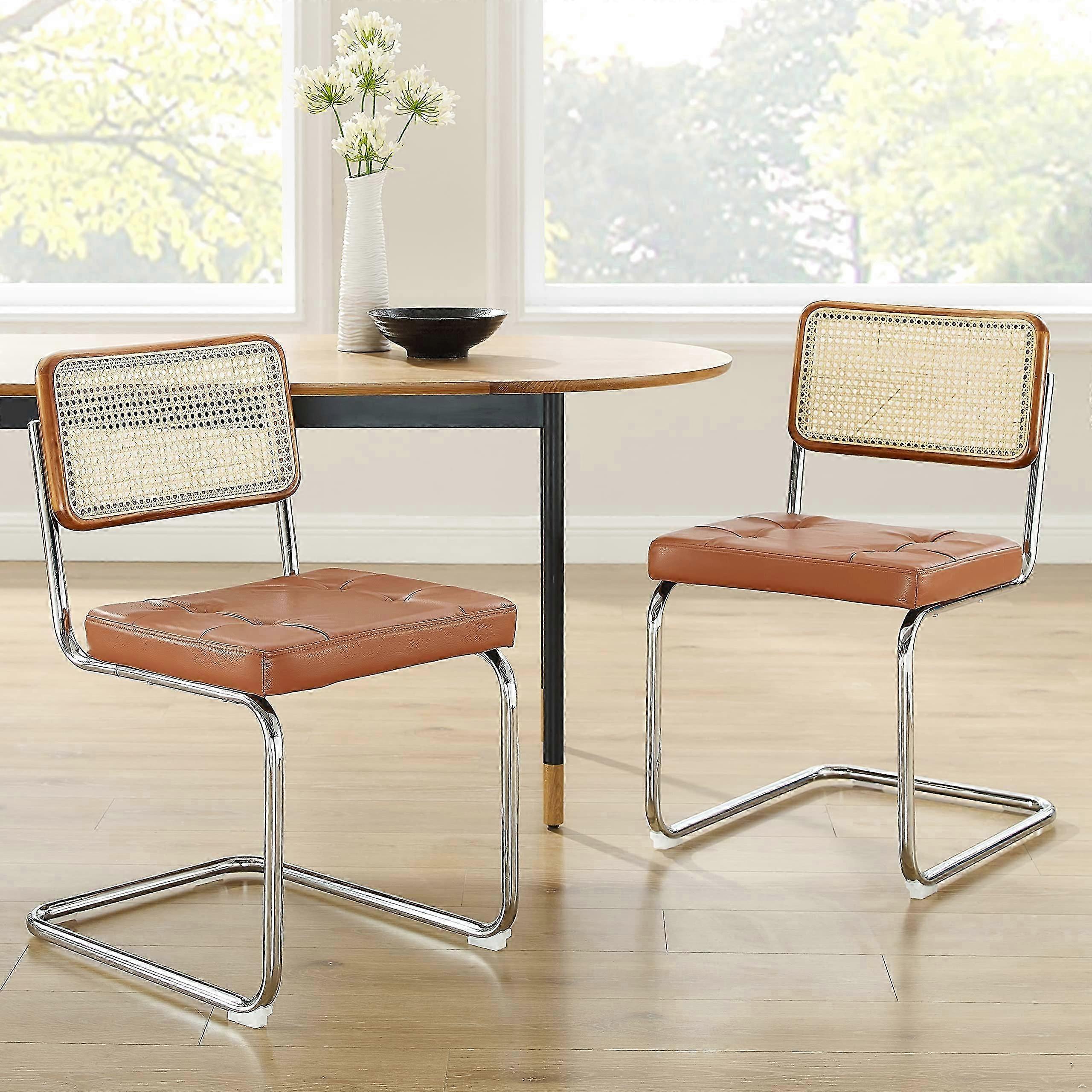 Rattan-Esszimmerstühle, 2er-Set, Mid-Century Modern-Gestell aus Walnuss-Eiche, Kunstlederpolsterung mit gewebter Rückenlehne, Orangebraun