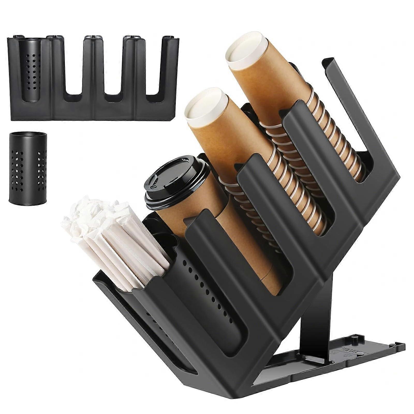 Cup and Lid Organizer with Adjustable 4 Compartments and Straw Holder for Coffee Station Storage