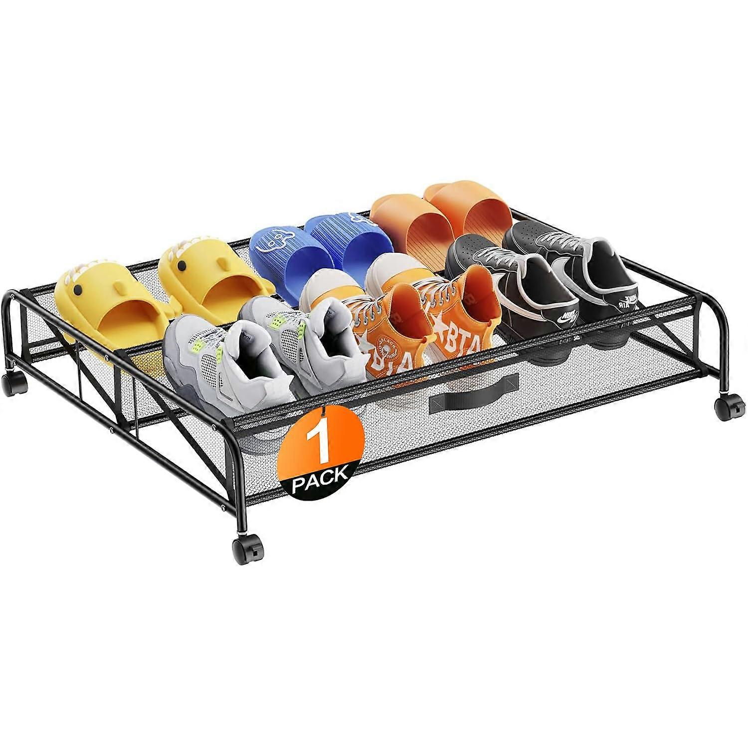 Under Bed Shoe Storage Organizer with Wheels, SpaceSaving Metal Frame for Small Spaces