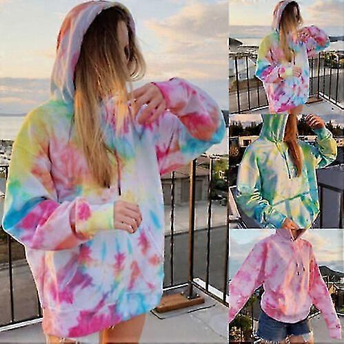 المرأة التعادل صبغ قوس قزح مقنعين قميص من النوع الثقيل طويل الأكمام هوديي البلوز البلوز قمم