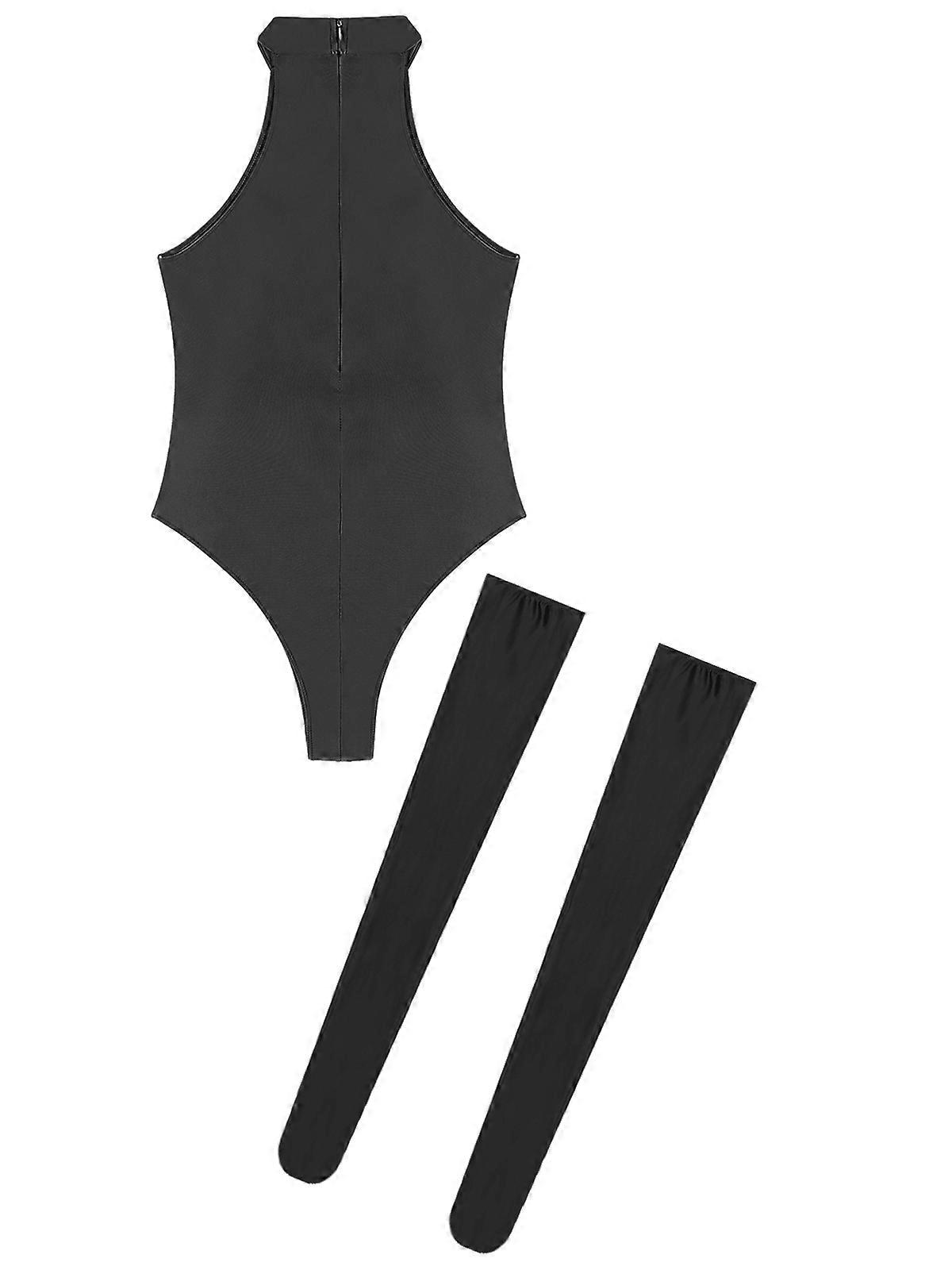 Women's Leotard Stretchy High Cut Shiny Oil Glossy Bodysuit with Long Stockings