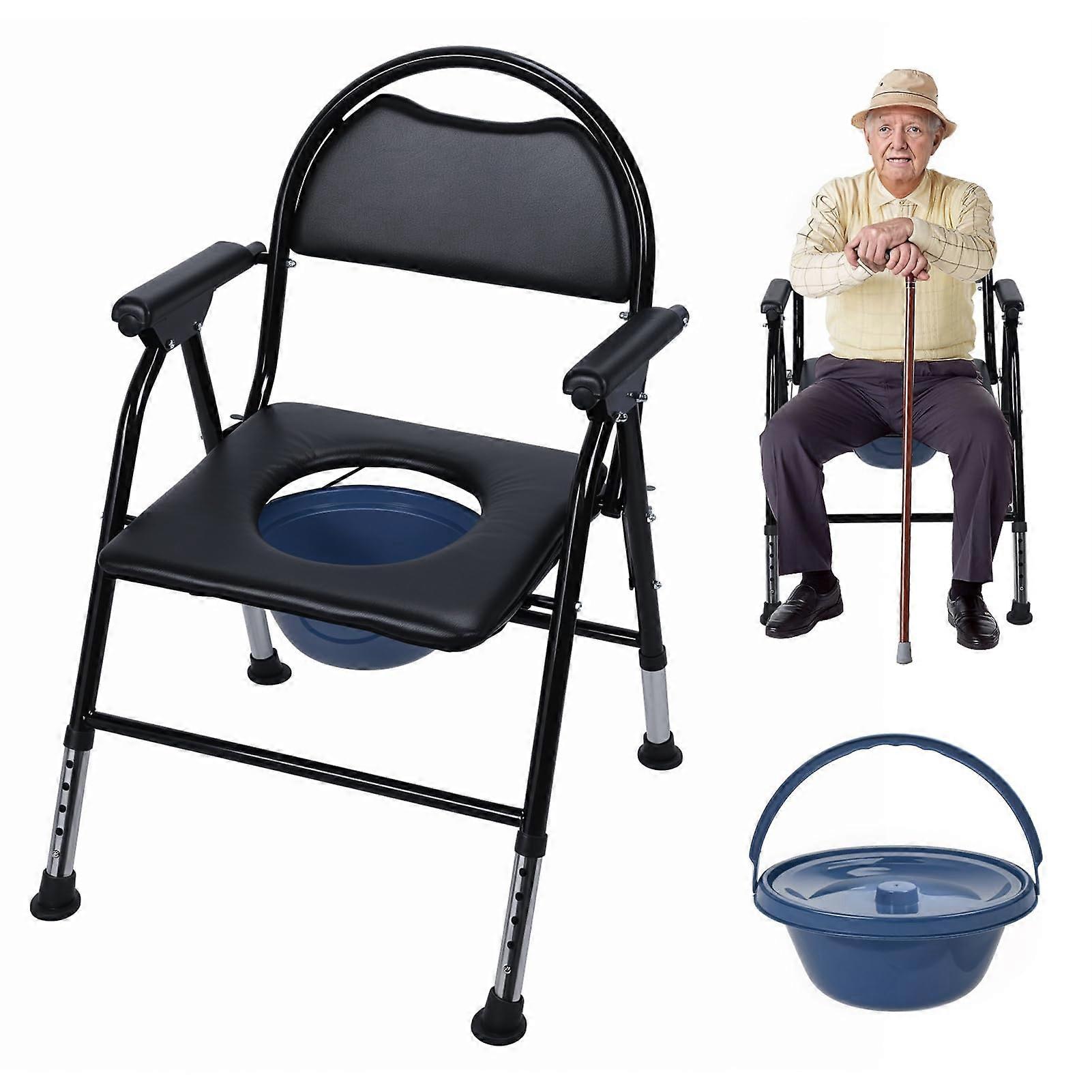 Height Adjustable Bedside Commode Chair with Armrests, Foldable Toilet Seat for Elderly and Disabled