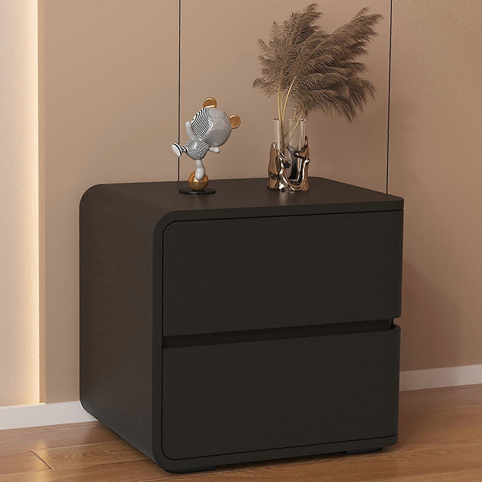 Black Double Layer Bedside Table, Large Modern Bedroom Storage Cabinet with Rounded Corners, 80L