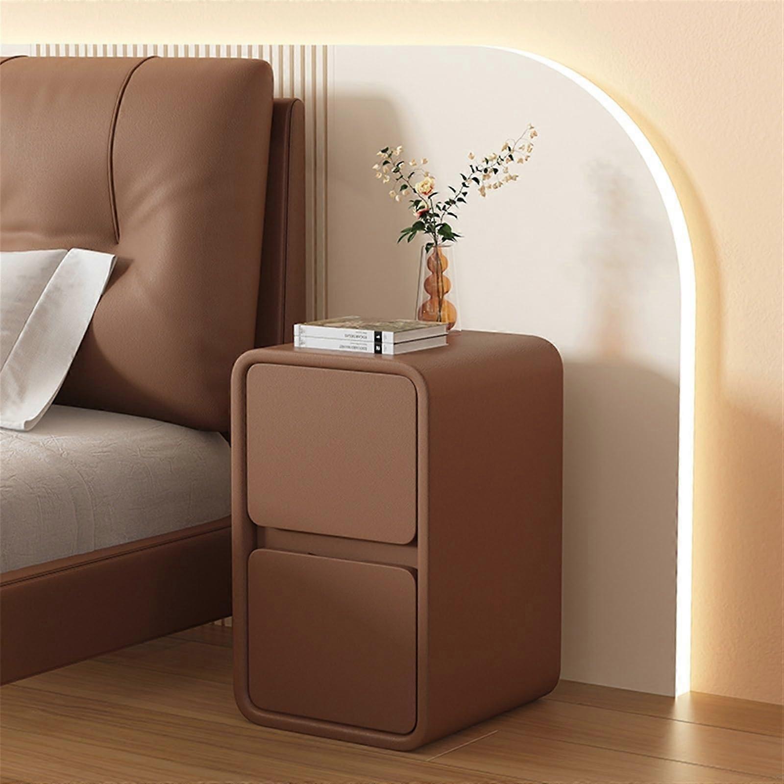 Small Nightstand with Dual Drawer Storage, Slim Brown Bedside Table for Small Spaces