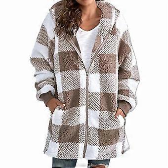Veste à capuche zippée à carreaux pour femme, manches longues, coupe ample, poches, kaki, taille 2XL