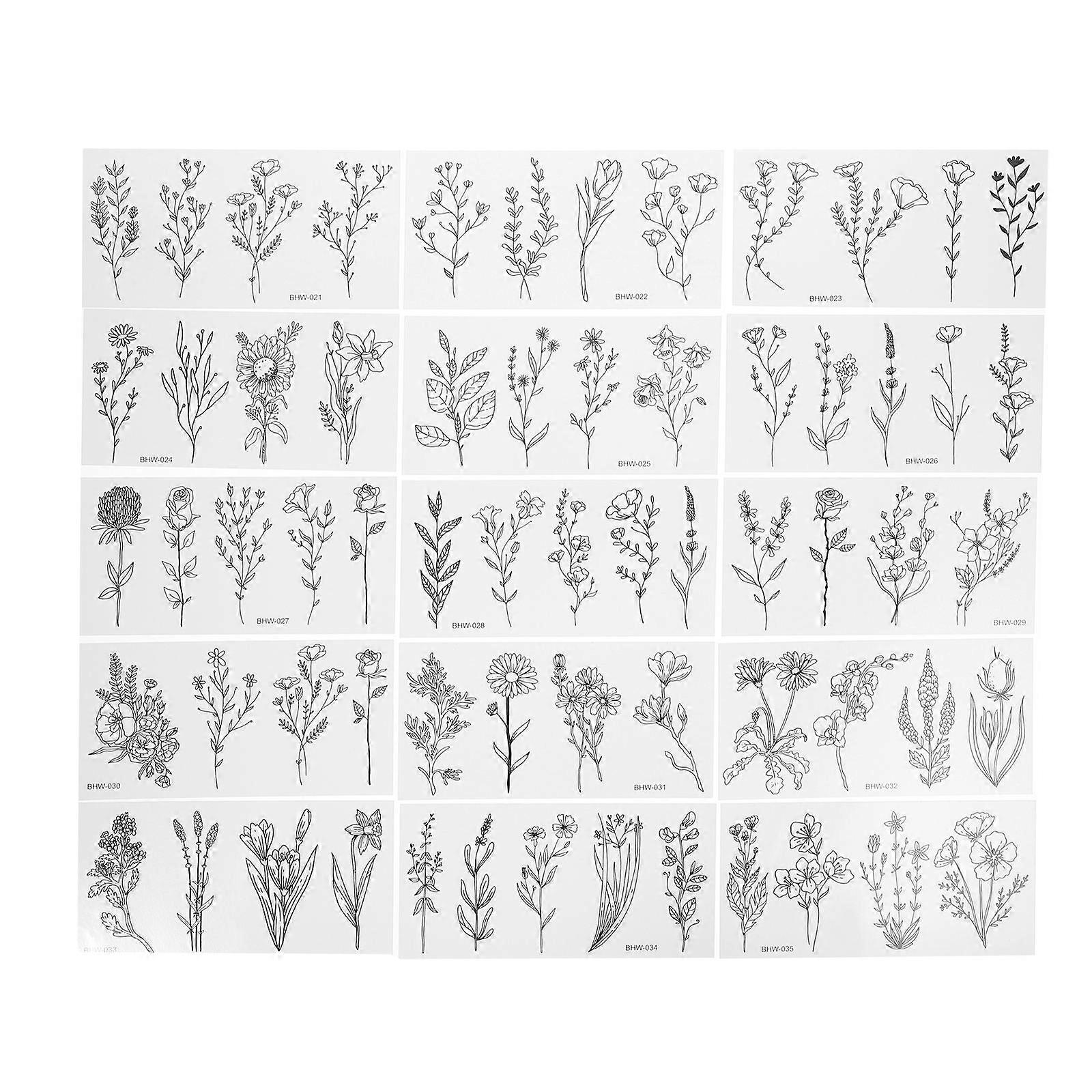 Flower Temporary Tattoos Small Flower Branch Patterns for 15 Sheets