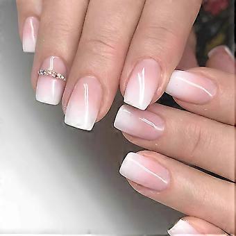 Medium French Tip Press On Nails met Ombré Strass-steentjes, 24 stuks Duurzame Acryl ABS Kunstnagels