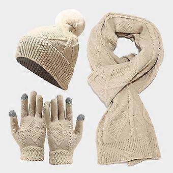 3pcs Women Winter Knitted Hat Scarf Touchscreen Gloves Thick Warm Set