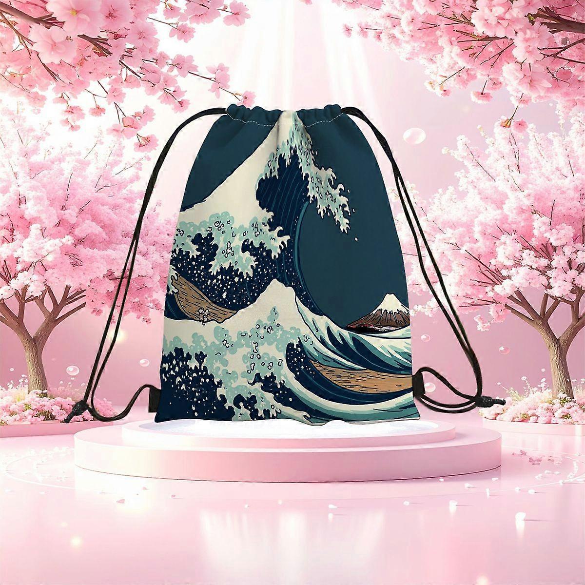 2D Flat Drawstring Bag, Large Wave Print Drawstring Backpack | Large-capacity Foldable Backpack Featuring an Iconic Wave-Cqazw