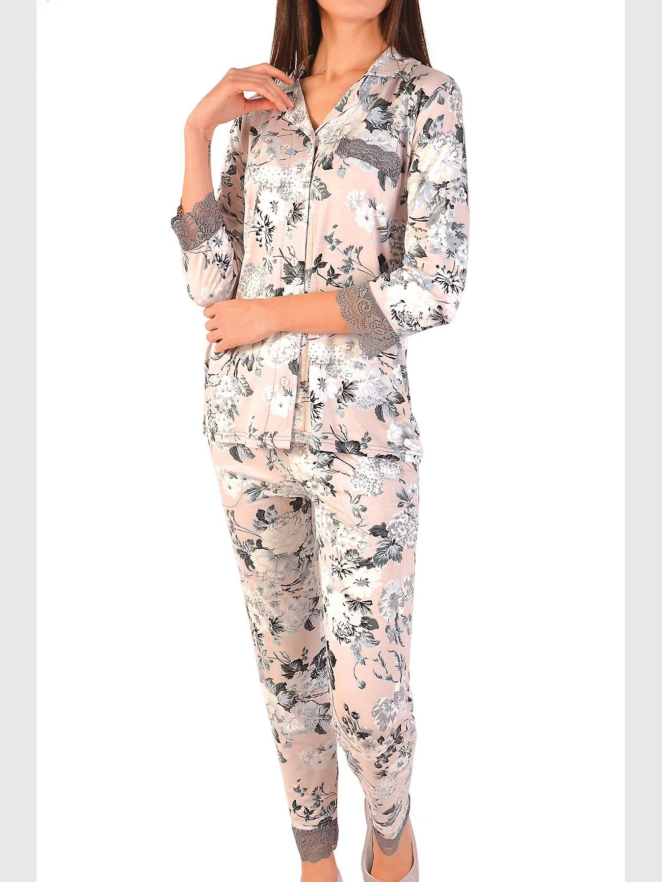 Brown Women's Pajamas Set With Pockets Buttoned Lycra Lacy