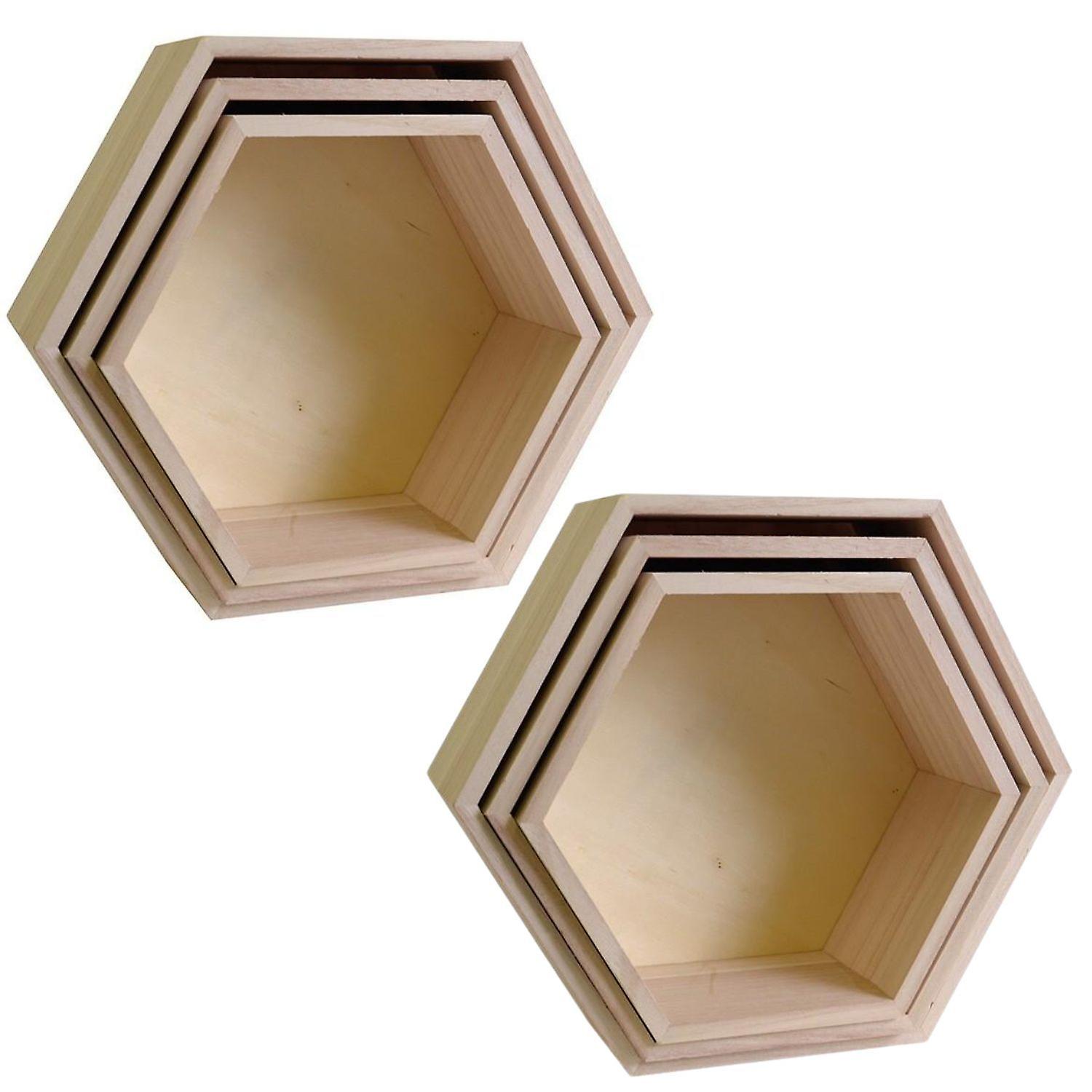 2 blocks of 3 wooden hexagon shelves 24-30 cm