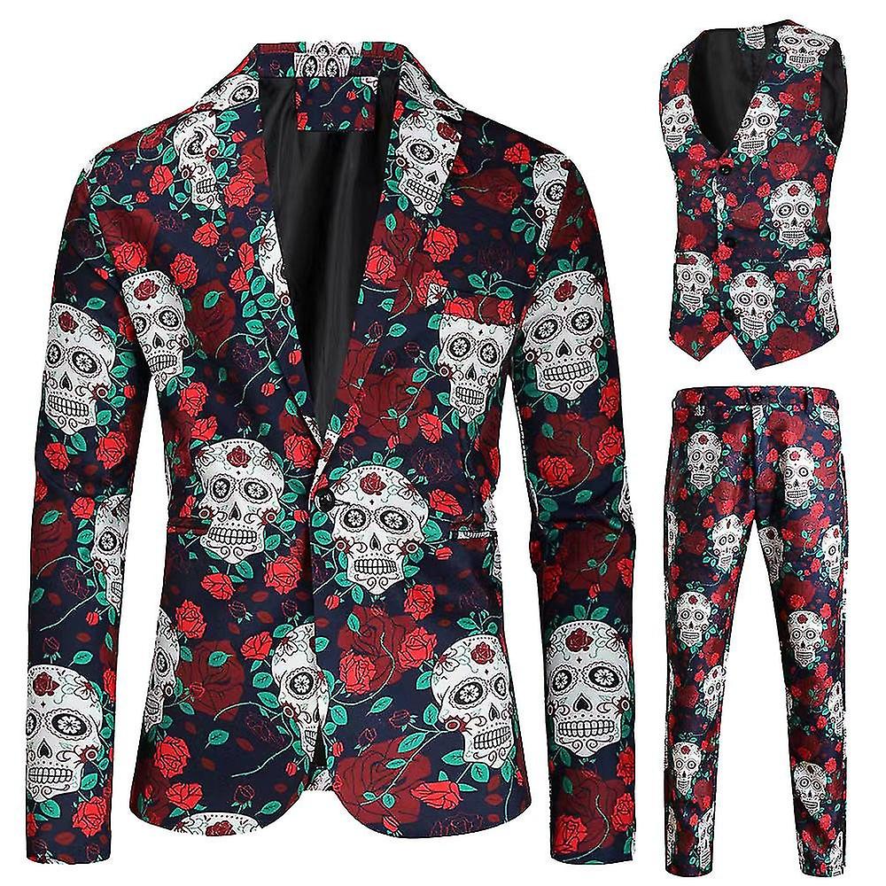 Men's 3 Pcs Christmas Suit One Button Ugly Funny Xmas Rose Skull Printed Sets (jackets+vests+pants )